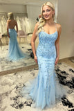 Sky Blue Trumpet Spaghetti Straps Long Prom Dresses With Lace  TP1247