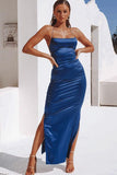 Formales Slip-Kleid Mitternachtsrundhalsausschnitt, glitzernder Satin mit Kreuzrücken, lange Ballkleider TP0970