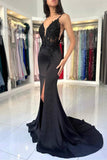 Spaghetti Straps Applique Mermaid Black Prom Dress Formal Gown TP1420-Tirdress