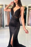 Spaghetti Straps Applique Mermaid Black Prom Dress Formal Gown TP1420-Tirdress