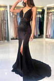 Spaghetti Straps Applique Mermaid Black Prom Dress Formal Gown TP1420-Tirdress