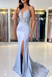 Spaghetti Straps Applique Mermaid Black Prom Dress Formal Gown TP1420-Tirdress