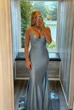 Spaghetti Straps Appliques Mermaid  Light Blue Prom Dress TP1423-Tirdress