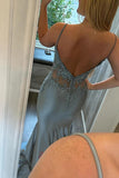Spaghetti Straps Appliques Mermaid  Light Blue Prom Dress TP1423-Tirdress