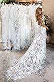Spaghetti Straps Backless Long Ivory Lace Beach Wedding Dresses TN390