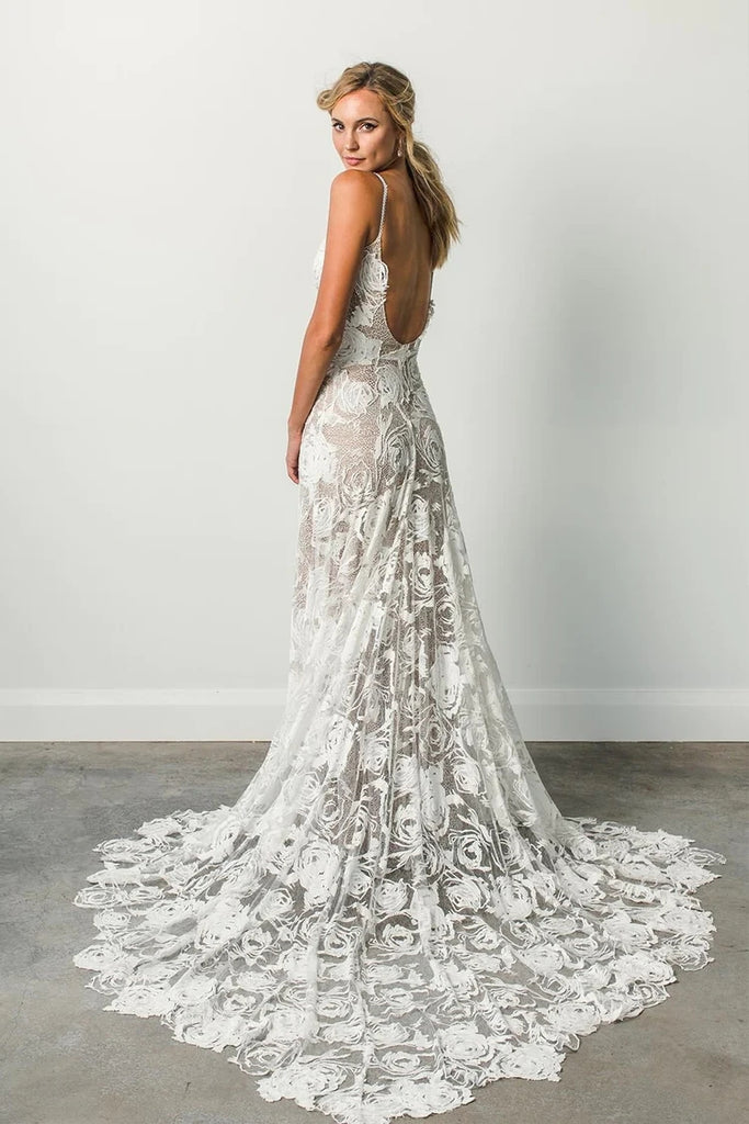 Spaghetti Straps Backless Long Ivory Lace Beach Wedding Dresses TN390-Tirdress