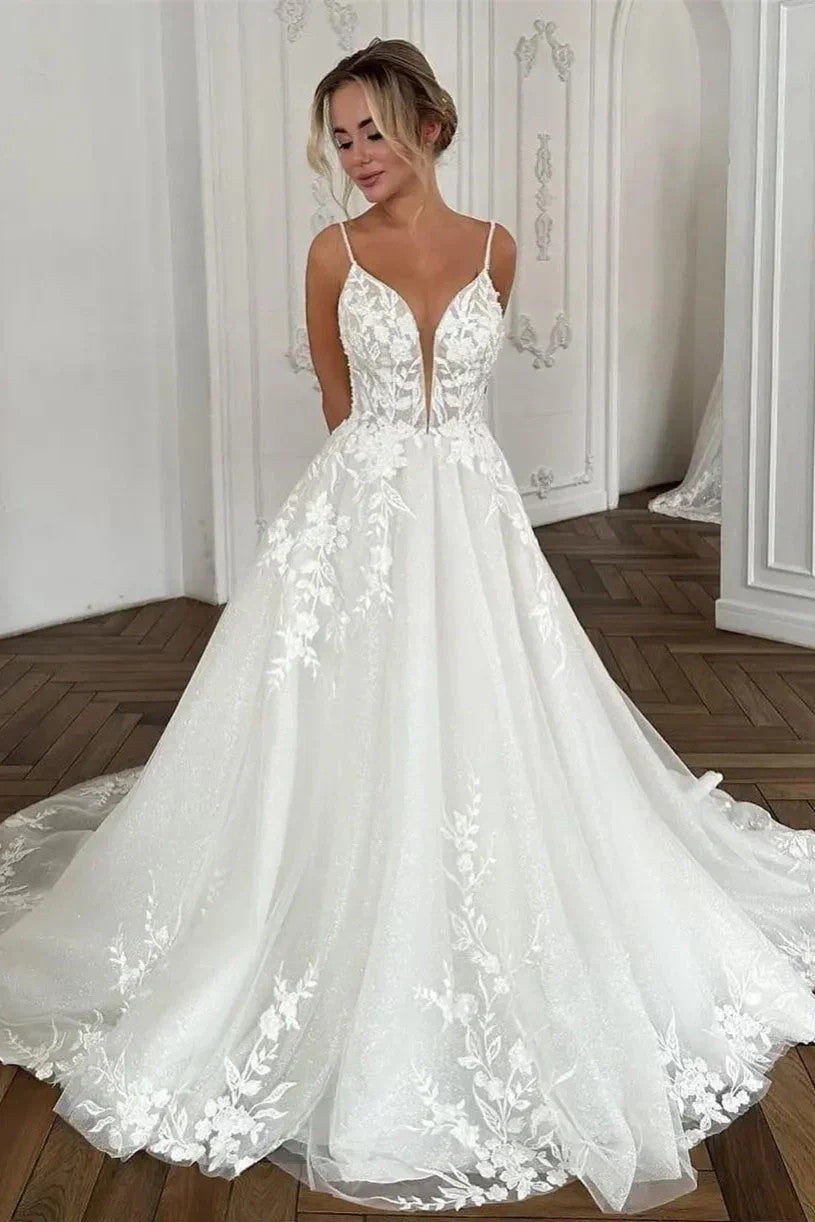 Spaghetti Straps High Waist Lace Beach Wedding Dress Bridal Gown US2 / Ivory