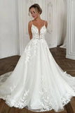 Spaghetti Straps High Waist A-Line Lace Beach Wedding Dress-Tirdress