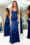 Spaghetti Straps Lace Up Satin Appliques Navy Blue Prom Dress-Tirdess