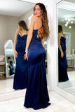 Spaghetti Straps Lace Up Satin Appliques Navy Blue Prom Dress-Tirdess