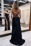 Spaghetti Straps Satin Black Prom Dress Formal Gown with Slit TP1242-Tirdress