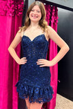 Spaghetti Straps Sweetheart Lace Empire Navy Blue Homecoming Dress-Tirdress