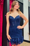 Spaghetti Straps Sweetheart Lace Empire Navy Blue Homecoming Dress