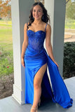 Spaghetti Straps Sweetheart Pleated Royal Blue Prom Dress TP1426