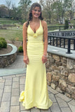 Spaghetti Straps V-Neck Lace-Up Mermaid Yellow Prom Dress-Tirdress