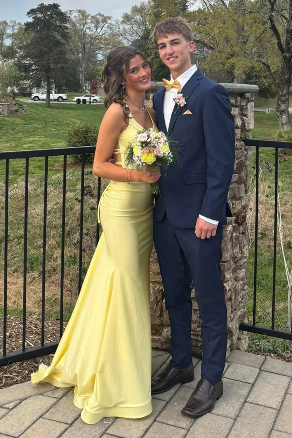 Spaghetti Straps V-Neck Lace-Up Mermaid Yellow Prom Dress US2 / Custom Color Spaghetti Straps V-Neck Lace-Up Mermaid Yellow Prom Dress US2 / Custom Color