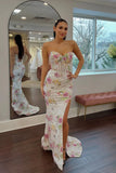 Mermaid Ivory Floral Sequin Long Prom Dress Party Dress With Slit-Tirdress