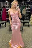Spaghetti Straps V-Neck Lace Appliques Mermaid Pink Prom Dress-Tirdress