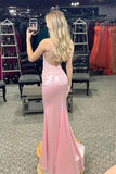 Spaghetti Straps V-Neck Lace Appliques Mermaid Pink Prom Dress-Tirdress