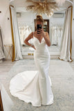 Spaghetti Straps V-neck Pleats Simple Mermaid Satin Wedding Dress TN366