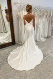 Spaghetti Straps V-neck Pleats Simple Mermaid Satin Wedding Dress TN366-Tirdress