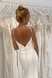 Spaghetti Straps V-neck Pleats Simple Mermaid Satin Wedding Dress TN366-Tirdress
