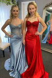 Spaghetti Mermaid Straps Silver Corset Long Prom Dress TP1370-Tirdress