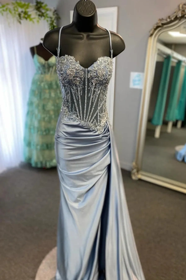 Spaghetti Mermaid Straps Silver Corset Long Prom Dress TP1370-Tirdress