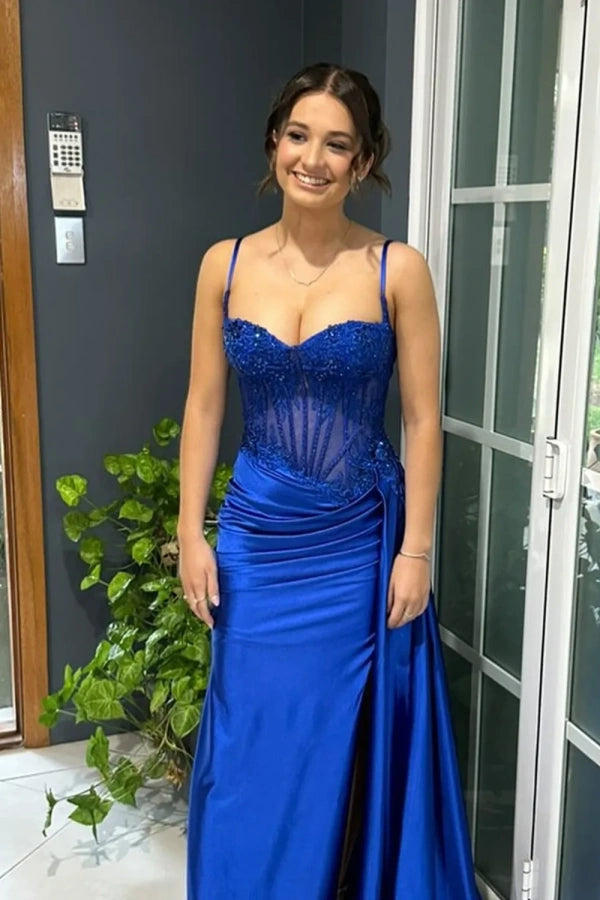 Spaghetti Mermaid Straps Silver Corset Long Prom Dress TP1370-Tirdress