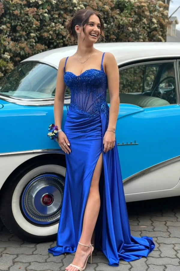 Spaghetti Mermaid Straps Silver Corset Long Prom Dress TP1370-Tirdress
