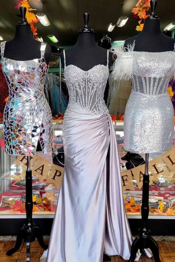 Spaghetti Mermaid Straps Silver Corset Long Prom Dress TP1370-Tirdress
