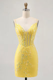 Sparkly Corset Tight Short Floral Yellow Homecoming Dress Party Dress-Tirdress