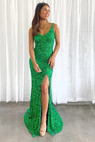 Sparkly Green Mermaid Sequin Long Prom Dress With Split TP1280