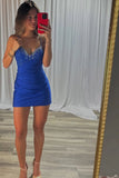 Sparkly Royal Blue Bodycon V Neck Short Corset Homecoming Dress-Tirdress