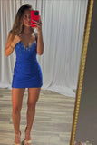 Sparkly Royal Blue Bodycon V Neck Short Corset Homecoming Dress-Tirdress