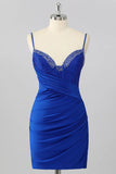 Sparkly Royal Blue Bodycon V Neck Short Corset Homecoming Dress-Tirdress