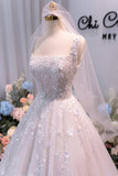 Sparkly Square Neck Floral Beaded Tulle Princess Wedding Dress-Tirdress