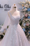 Sparkly Square Neck Floral Beaded Tulle Princess Wedding Dress-Tirdress