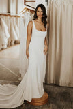 Square Neck Simple Wedding Dresses with Sweep Train TN396