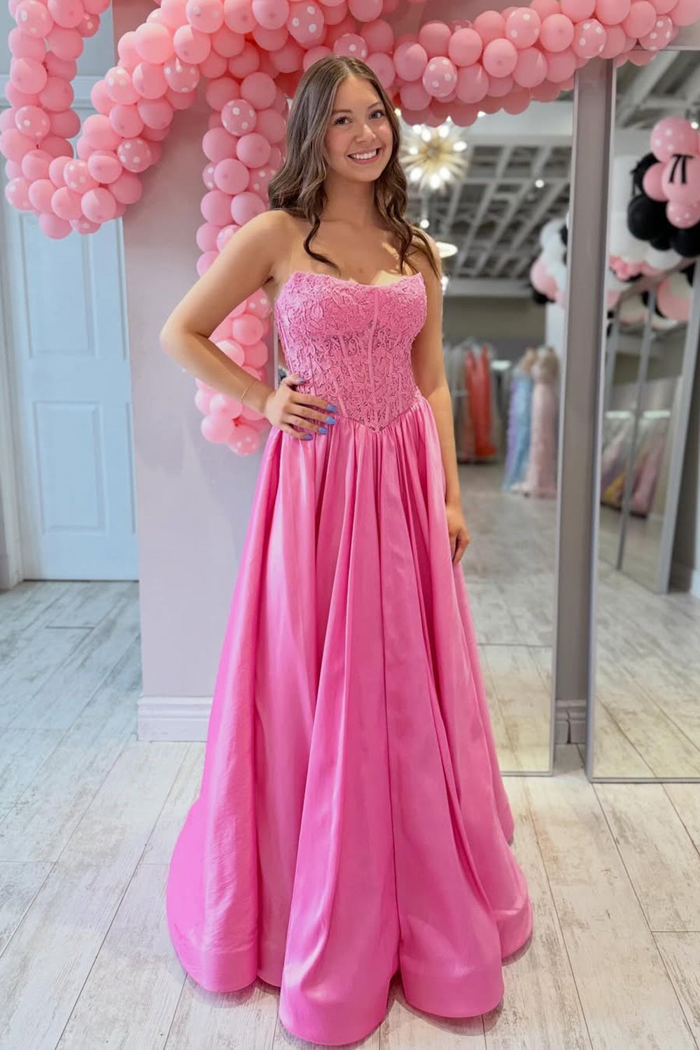 Strapless A-Line Lace And Satin Pink Prom Dress Party Dress Tirdress Strapless A-Line Lace And Satin Pink Prom Dress Party Dress Tirdress