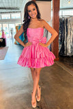 Robe de soirée courte rose sans bretelles avec coupe trapèze et nœud HD0209