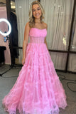 Strapless Ruffles A-Line Red Long Prom Dress with Puff Sleeves TP1360-Tirdress