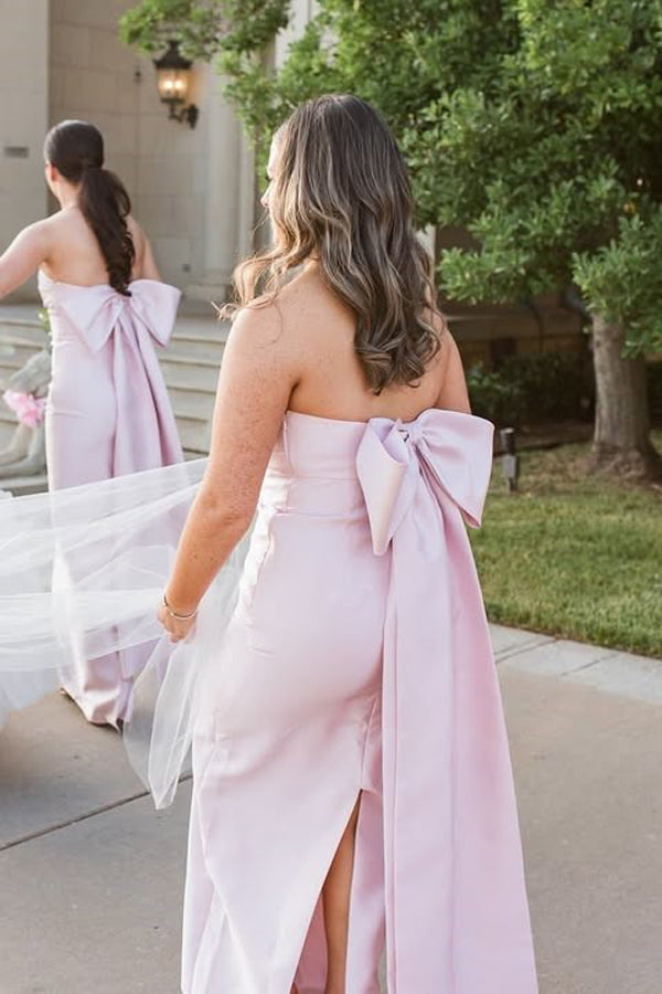 Strapless Satin Pink Long Bridesmaid Dress with Big Bow TY0038 US10 / Pink Strapless Satin Pink Long Bridesmaid Dress with Big Bow TY0038 US10 / Pink