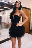 Strapless Sky Blue Fitted Short Homecoming Dress with Feathers TN405-Tirdress