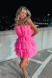 Strapless Tiered Tulle Pink Homecoming Dress Sweet 16 Dress TN435-Tirdress