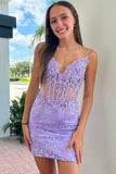 Träger Lavendel V-Ausschnitt Enges Homecoming Kleid Cocktailkleid TN422