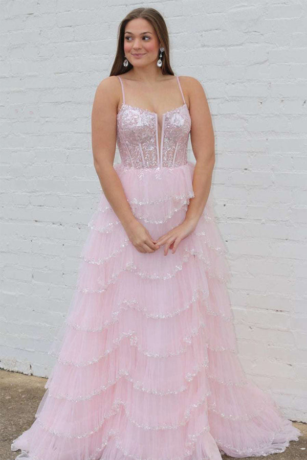 Straps Plunging Neck Pink Sequin Lace Prom Dresses TP1264