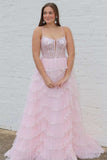 Straps Plunging Neck Pink Sequin Lace Prom Dresses TP1264