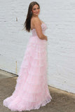 Straps Plunging Neck Pink Sequin Lace Prom Dresses TP1264