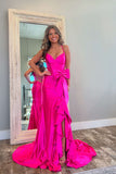 Straps Satin Mermaid Split Hot Pink Prom Dress with Bow TP1422